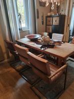 4 Leren Eetkamerstoelen met RVS Onderstel, Huis en Inrichting, Stoelen, Ophalen of Verzenden, Gebruikt, Zwart, Vijf, Zes of meer stoelen