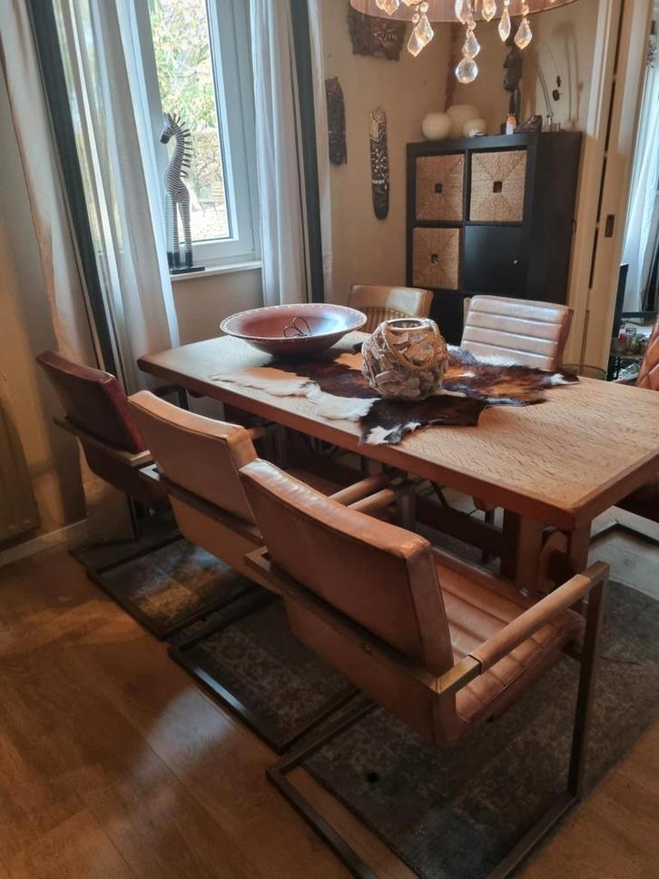 4 Leren Eetkamerstoelen met RVS Onderstel, Huis en Inrichting, Stoelen, Gebruikt, Vijf, Zes of meer stoelen, Zwart, Ophalen of Verzenden