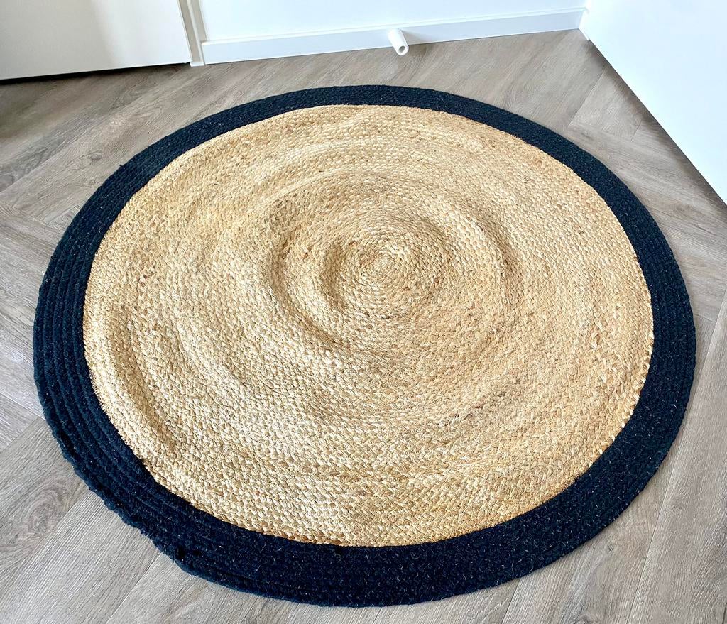 HK living Rond vloerkleed van jute met zwarte rand, Huis en Inrichting, Stoffering | Tapijten en Kleden, Zo goed als nieuw, 100 tot 150 cm