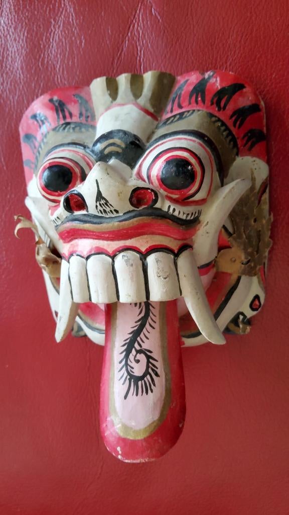 Oud retro houten Rangda Balinees Barong Masker houtsnijwerk., Ophalen of Verzenden