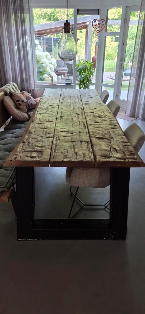 Robuuste eettafel van originele meerpalen, Huis en Inrichting, Tafels | Eettafels, Gebruikt, 50 tot 100 cm, 200 cm of meer, Vijf personen of meer