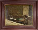 112. Schilderij P. Dankers, besneeuwd stadsgezicht met schip, Antiek en Kunst, Kunst | Schilderijen | Klassiek, Ophalen of Verzenden