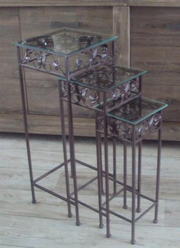 bijzettafel, zuiltjes, pilaartjes, mimiset, glas, metaal, 3x beschikbaar voor biedingen