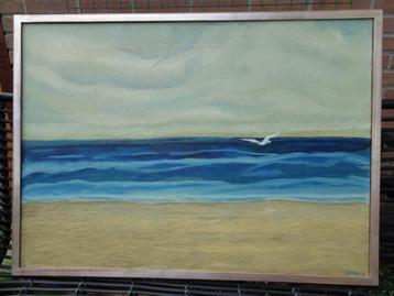 Art Deco GROOT olieverf schilderij Zeegezicht met Strand beschikbaar voor biedingen