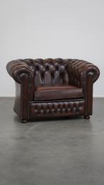 Donkerbruin gevlamde Engelse rundleren Chestefield fauteuil, Gebruikt, Leer, 75 tot 100 cm, 100 tot 125 cm