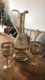 Hand beschilderd karaf met 2 wijn glazen, Antiek en Kunst, Ophalen of Verzenden