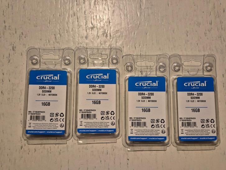 4 stuks Crucial CT16G4SFRA32A 16gb DDR4 3200 SODIMM, Computers en Software, RAM geheugen, Zo goed als nieuw, Laptop, 64 GB, DDR4