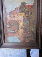 Stadstafereel, schilderij met een brug, Huis en Inrichting, Minder dan 50 cm, Gebruikt, Oorspronkelijke maker, Ophalen of Verzenden