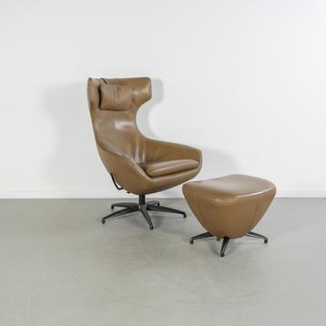1x Leolux Caruzzo Fauteuil + Voetenbank Bruin Leer - Zwart beschikbaar voor biedingen