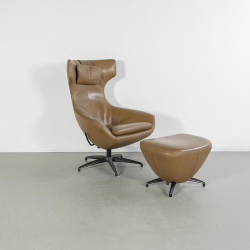 1x Leolux Caruzzo Fauteuil + Voetenbank Bruin Leer - Zwart, Huis en Inrichting, Fauteuils, Zo goed als nieuw, Leer, Metaal, 75 tot 100 cm