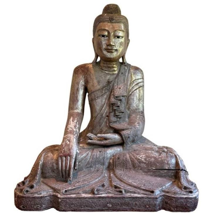 Grote antieke houten Boeddha uit Myanmar, Huis en Inrichting, Woonaccessoires | Boeddhabeelden, Gebruikt, Ophalen of Verzenden