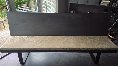 Eetbank, massief eiken zitting en rug, Huis en Inrichting, Banken | Complete zithoeken, Gebruikt, Hout, Metaal, Stof, Ophalen