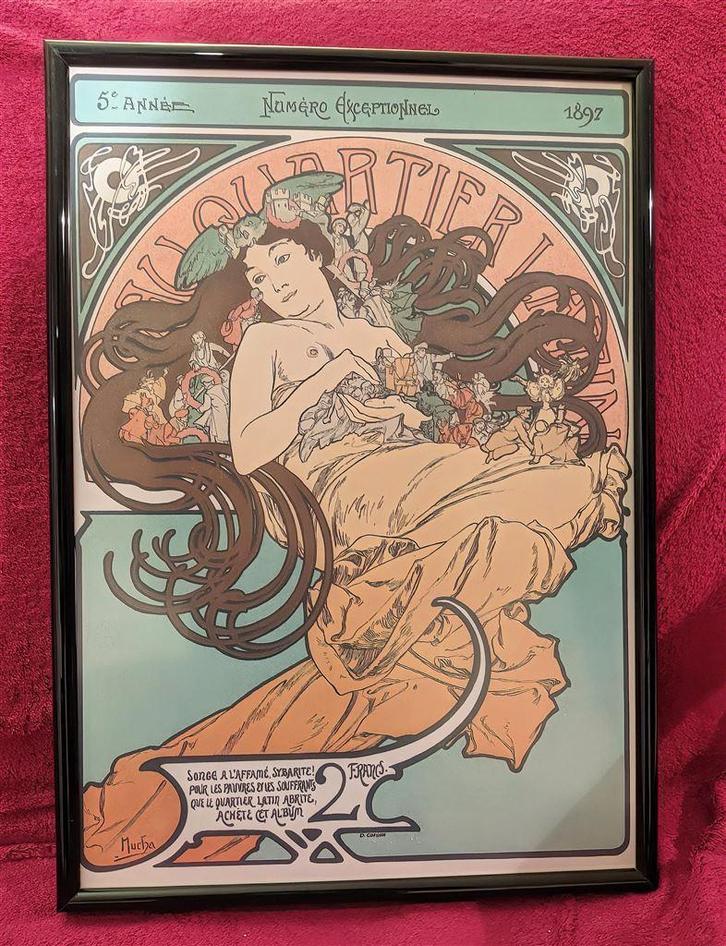 ALPHONSE MUCHA Quartier Latin Jugendstil Poster in Lijst, Antiek en Kunst, Kunst | Tekeningen en Foto's, Ophalen of Verzenden