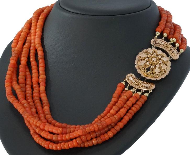 Fraai antieke bloedkoraal ketting 14k slot goud 5-strengs, Sieraden, Tassen en Uiterlijk, Antieke sieraden, Ketting, Goud, Met edelsteen