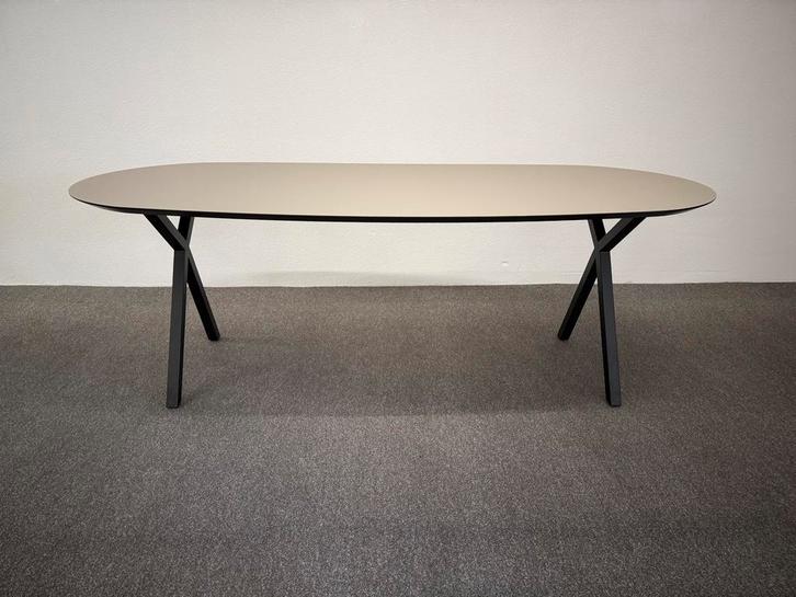 Ovale eettafel HPL beige taupe 220x100, Huis en Inrichting, Tafels | Eettafels, Gebruikt, 100 tot 150 cm, 200 cm of meer, Vijf personen of meer