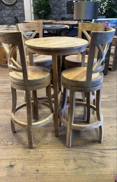 Teakhouten statafel met 4 draaibare krukken, Huis en Inrichting, Barkrukken, Nieuw, Hout, Draaibaar, Ophalen