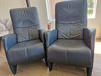 2x blauw/grijze leren relaxfauteuil, handmatig verstelbaar., Ophalen, Gebruikt, 50 tot 75 cm, Leer
