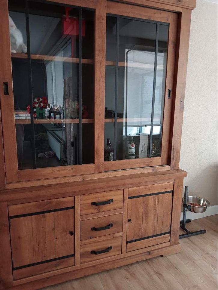Mooie houten vitrinekast met glas, Huis en Inrichting, Kasten | Buffetkasten, Gebruikt, 200 cm of meer, 150 tot 200 cm, 25 tot 50 cm