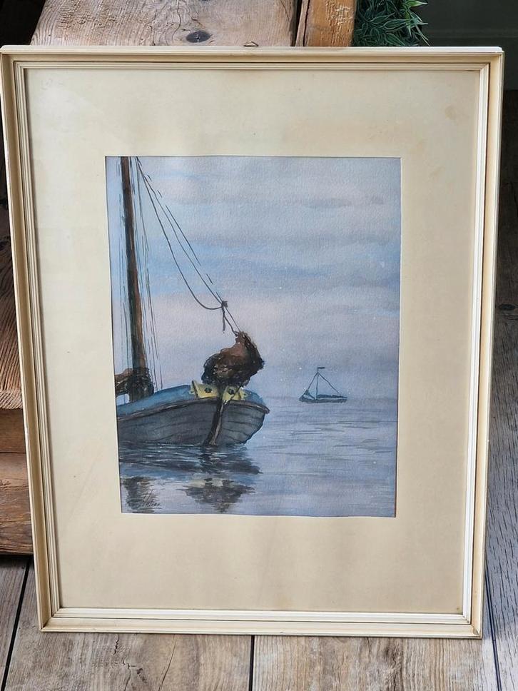 Oude Aquarel Skûtsje in Originele Lijst - 48x43 cm, Antiek en Kunst, Kunst | Schilderijen | Klassiek, Ophalen of Verzenden