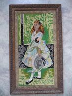 Oud geborduurd schilderij "Gravinnetje" in lijst zonder glas, Minder dan 50 cm, Schilderij, Gebruikt, Ophalen of Verzenden