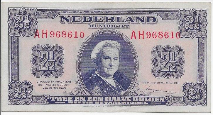 2,5 gulden 1945 'Wilhelmina' Prachtig, Postzegels en Munten, Bankbiljetten | Nederland, Los biljet, 2½ gulden, Ophalen of Verzenden