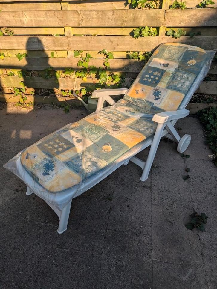 ZGAN Fair Plaisir ligbed + nieuw kussen!, Tuin en Terras, Ligbedden, Zo goed als nieuw, Kunststof, Inklapbaar, Verstelbaar, Verrijdbaar