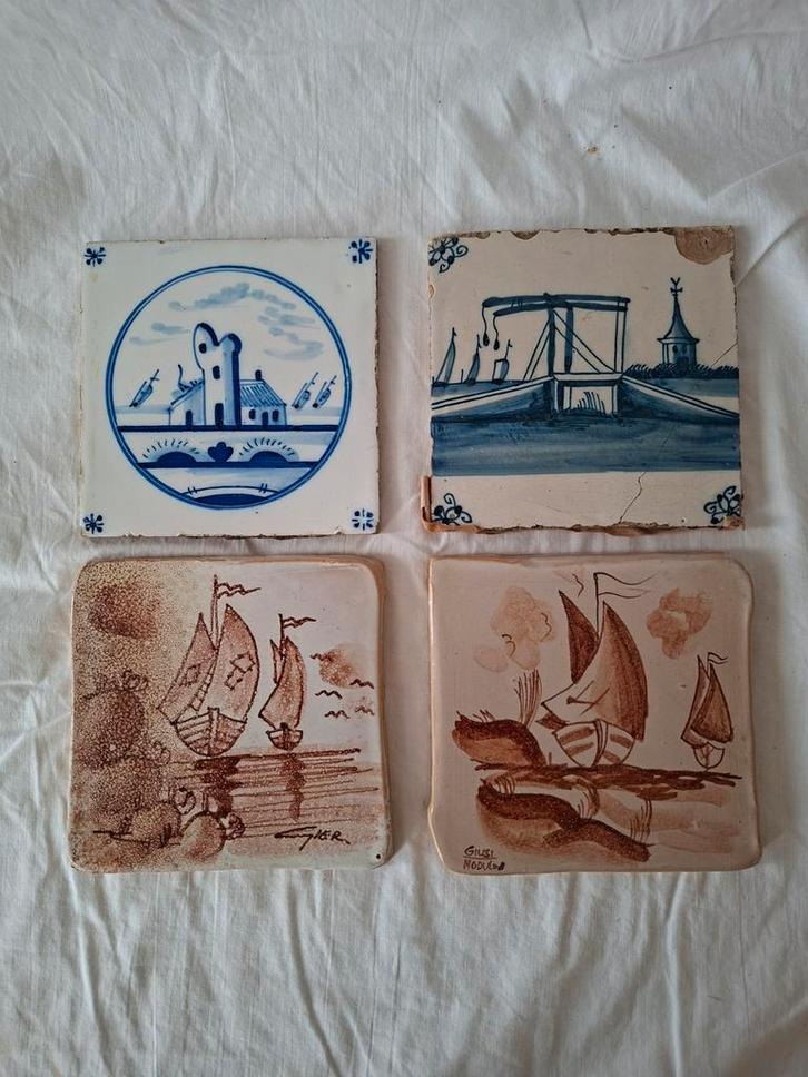 4 Antieke Handgeschilderde Wandtegels, Antiek en Kunst, Antiek | Wandborden en Tegels, Ophalen of Verzenden