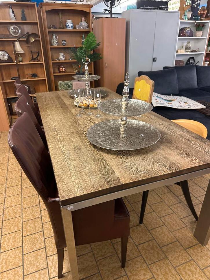 Tafel zilver poot bruine plaat, Huis en Inrichting, Tafels | Eettafels, Gebruikt, 100 tot 150 cm, 150 tot 200 cm, Vijf personen of meer