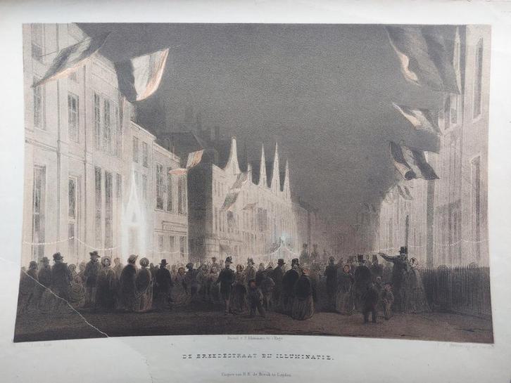 4 / De Breedestraat bij Illuminatie Leiden Steendruk 1855, Antiek en Kunst, Kunst | Litho's en Zeefdrukken, Ophalen of Verzenden