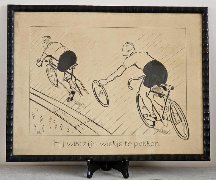 Antieke sporttekeningen in originele houten lijst- Set van 5, Antiek en Kunst, Kunst | Tekeningen en Foto's, Ophalen