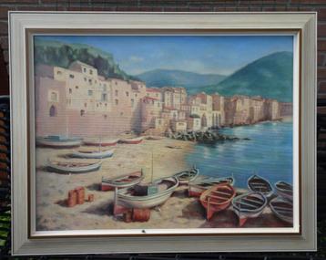 GROOT schilderij baai Cefalu Sicilie olieverf S J Corstanje beschikbaar voor biedingen
