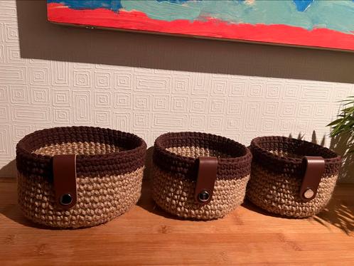 Set van 3 jute mandjes met bruin katoen en leren bandjes, Huis en Inrichting, Woonaccessoires | Schalen en Manden, Nieuw, Mand