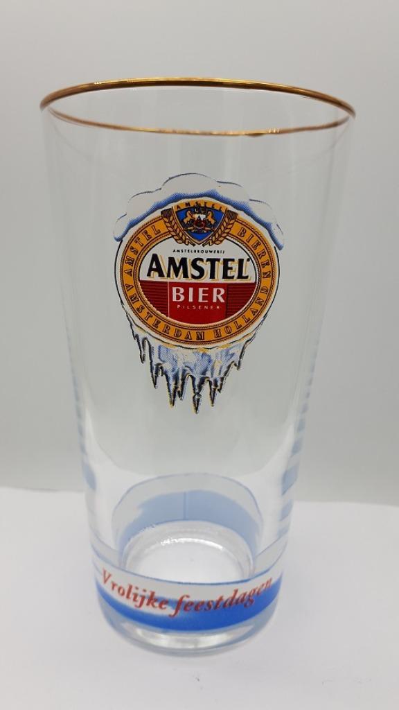 Amstel Bierglas type Vaasje Vrolijke Feestdagen, Verzamelen, Biermerken, Zo goed als nieuw, Glas of Glazen, Amstel, Ophalen of Verzenden