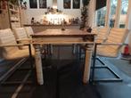 Oude tafel met 6 leren stoelen, Huis en Inrichting, Tafels | Eettafels, Ophalen of Verzenden, Gebruikt, Rechthoekig, 50 tot 100 cm