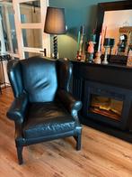 Zwarte leren Oor fauteuil , met studs afgewerkt ., Huis en Inrichting, Fauteuils, Ophalen, Gebruikt, Minder dan 75 cm, Landhuis / modern