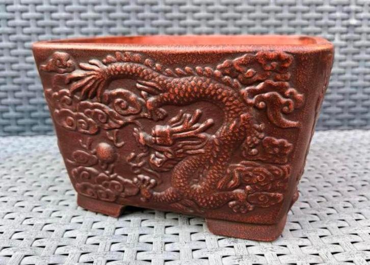Bonsai pot gemerkt gedecoreerd Draken bruin 20,7x20,7x13, Tuin en Terras, Bloempotten, Nieuw, Aardewerk, Minder dan 40 cm, Minder dan 25 cm