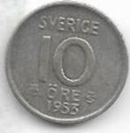 10  öre  1953  Zweden. km. 823, Ophalen of Verzenden, Overige landen, Losse munt, Zilver