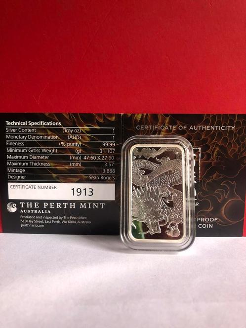 1 Oz 999 zilver Rectangular Dragon Proof 2022, Postzegels en Munten, Edelmetalen en Baren, Zilver, Ophalen of Verzenden