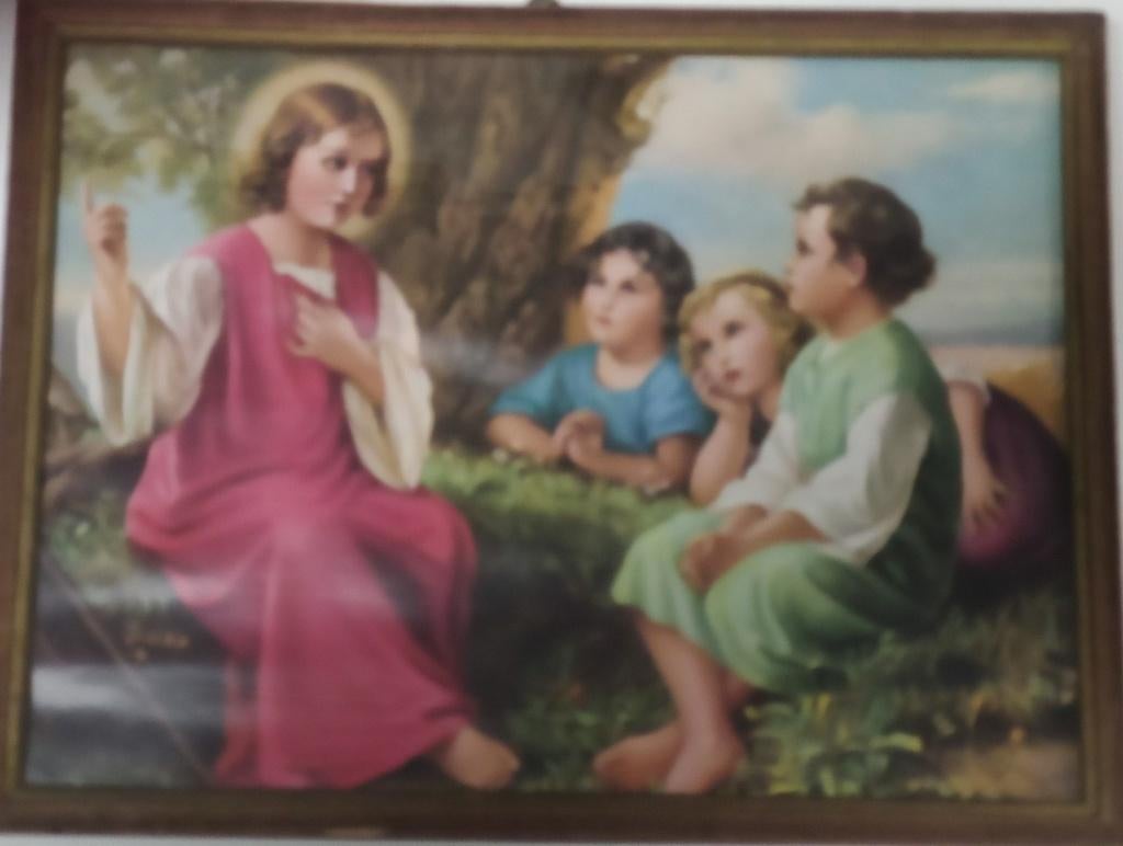 324 Lijst met mooie prent van Jezus en drie kindertjes, Ophalen of Verzenden, Zo goed als nieuw, Overige typen, Christendom | Katholiek