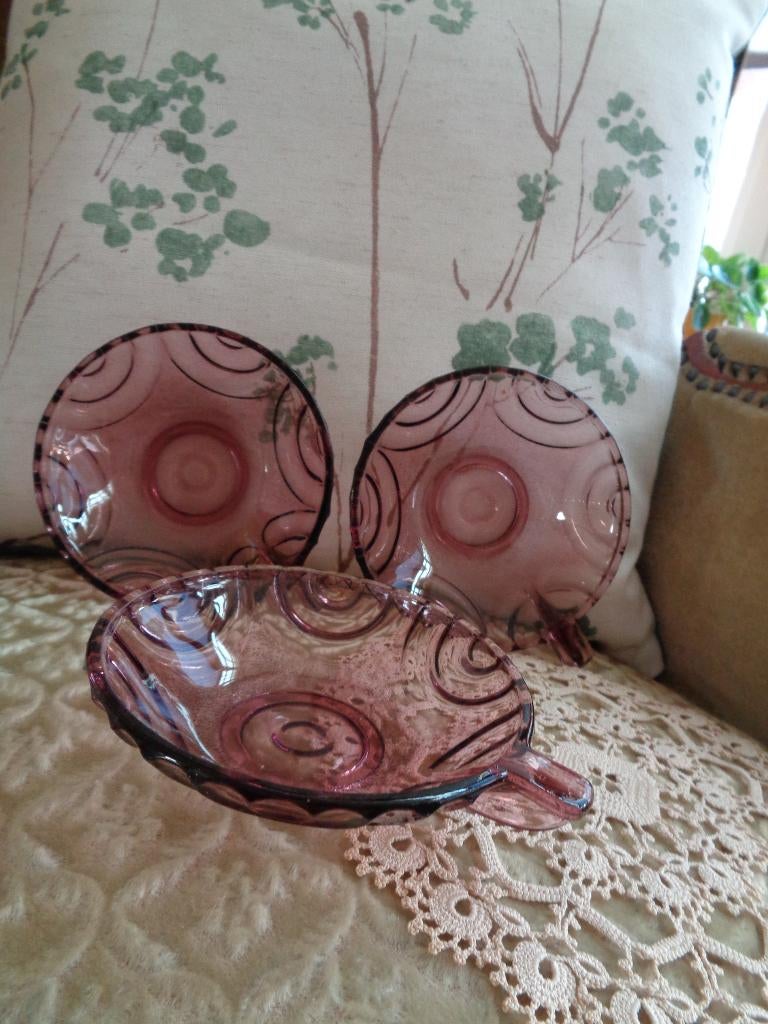 3 Vintage Glazen Aubergine Schaaltjes ** Mimosa **, Antiek en Kunst, Antiek | Glas en Kristal, Ophalen of Verzenden