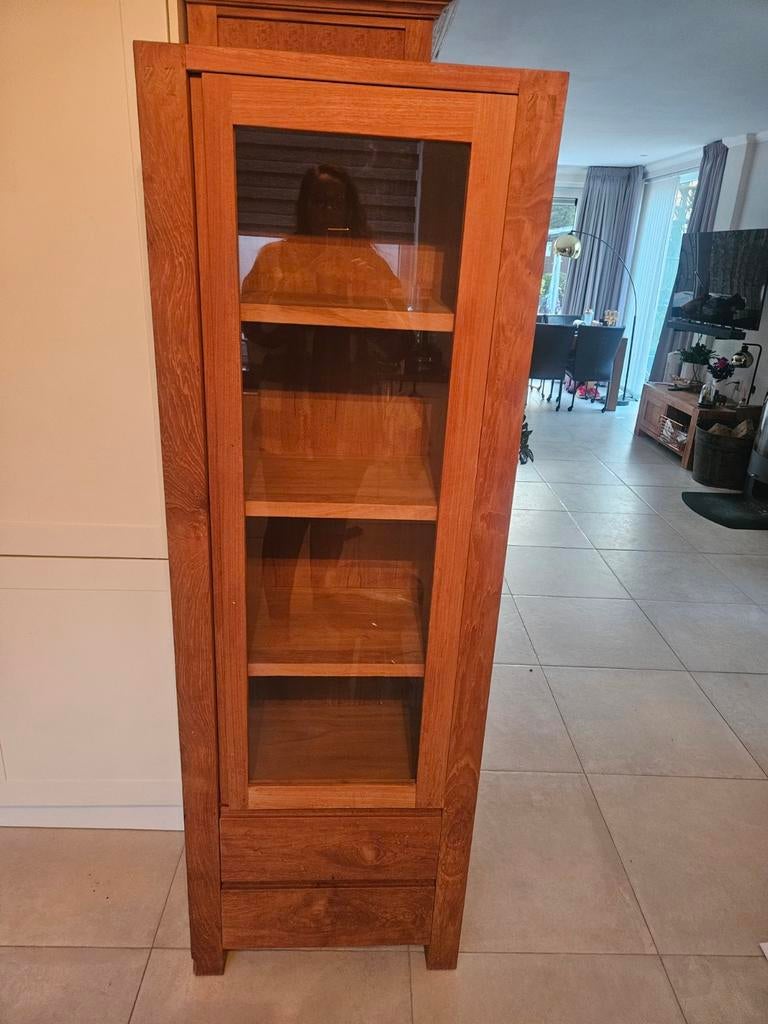 Mooie Teakhouten Vitrinekast - 180x60 cm, Ophalen, Gebruikt, Met deur(en), Glas