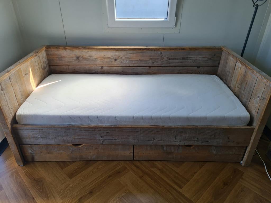Steigerhouten bed met 2 lades - 90x200, Ophalen, Eenpersoons, Bruin, Steigerhout