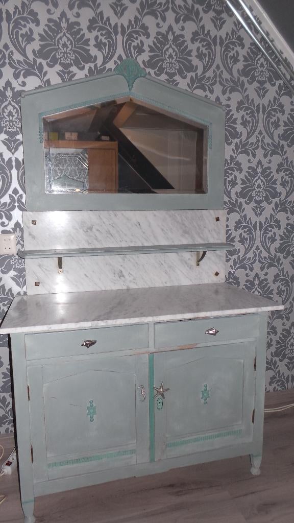 landelijk antiek tafel / kast met marmeren blad en spiegel, Huis en Inrichting, Kasten | Buffetkasten, Ophalen, Gebruikt, 100 tot 150 cm