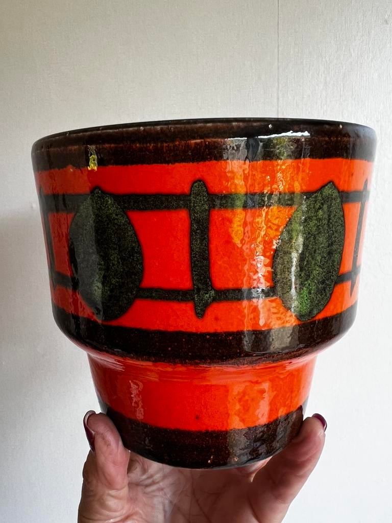 Vintage West Germany Cache Bloempot Feloranje Groen Jaren 70, Ophalen of Verzenden
