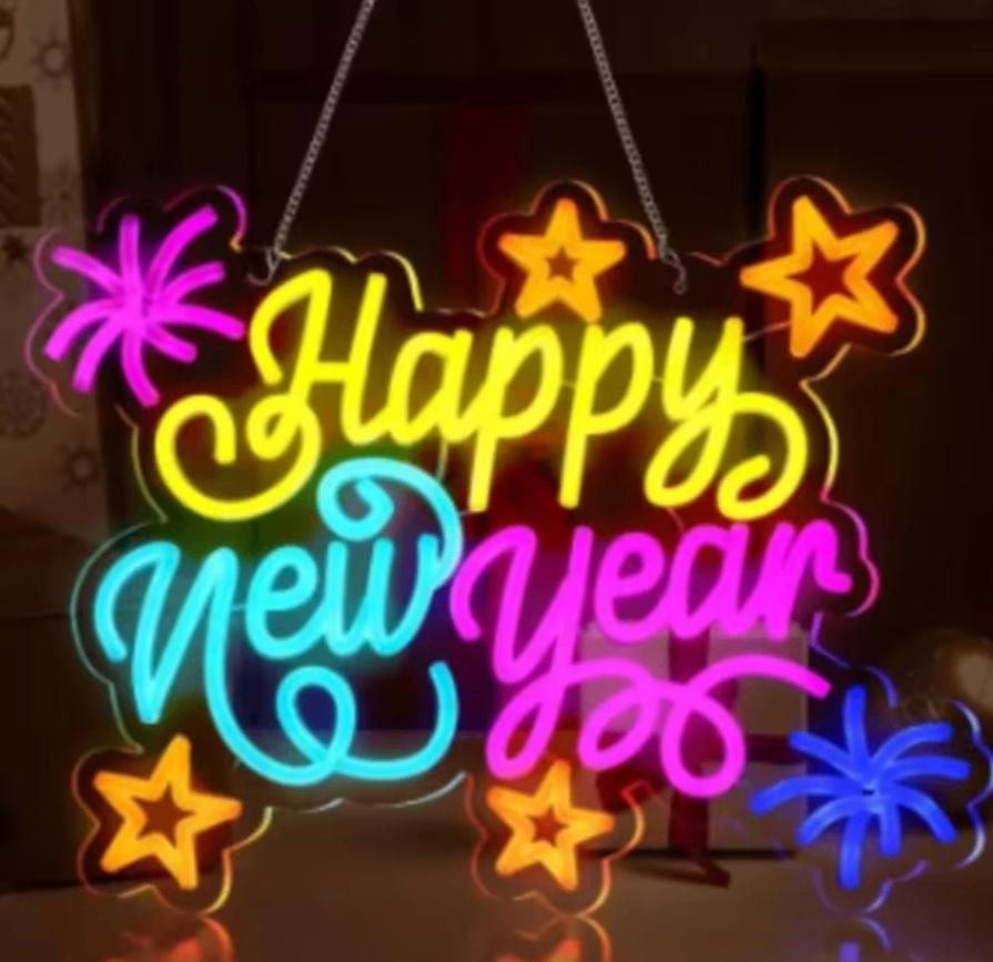 LED lamp neon stijl Happy New Year (40x32cm), Ophalen of Verzenden, Nieuw, Lichtbak of (neon) lamp