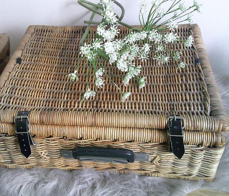 Stevige rieten koffer met vakken en bevestigingsriempjes, Huis en Inrichting, Gebruikt, Mand, Ophalen of Verzenden, Riet