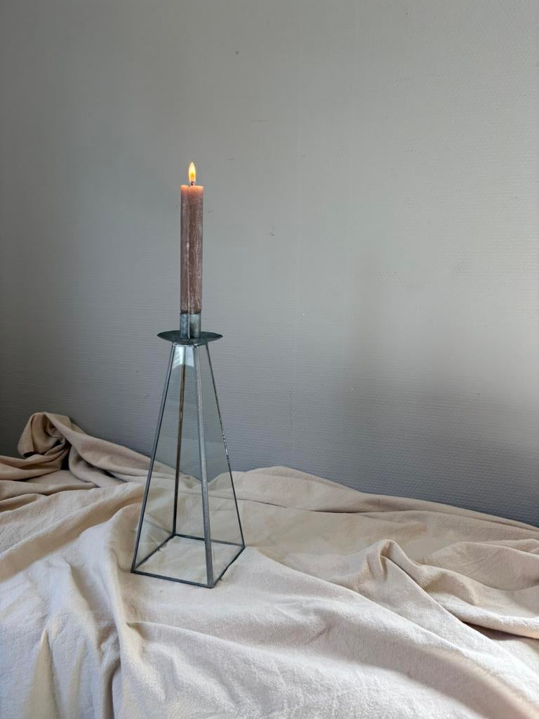 Vintage glas & loden kandelaar obelisk vorm h30cm, 25 tot 50 cm, Ophalen of Verzenden, Zo goed als nieuw, Metaal