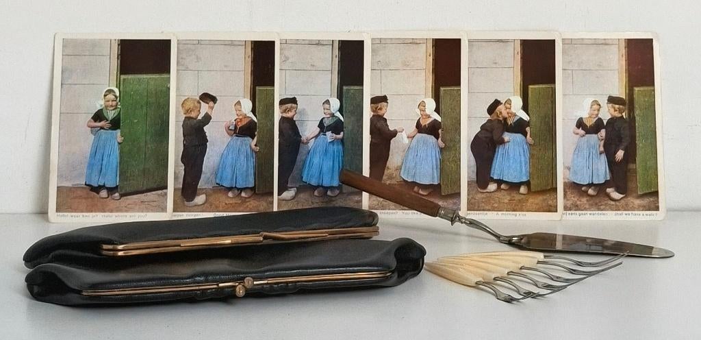  6 antieke sets, oa taartschep-vorkjes, 2 dames portemonnees, Overige merken, Leer, Zwart, Ophalen of Verzenden