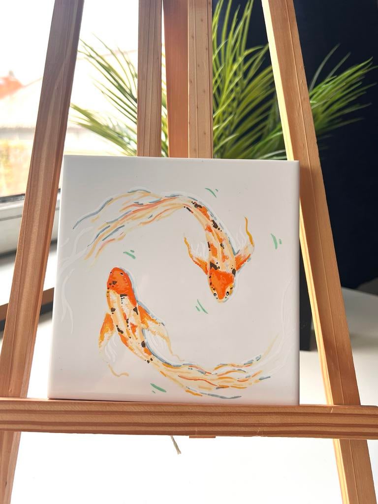 Ying Yang Vissen Keramiek Tegeltje Handgeschilderd, Antiek en Kunst, Ophalen of Verzenden