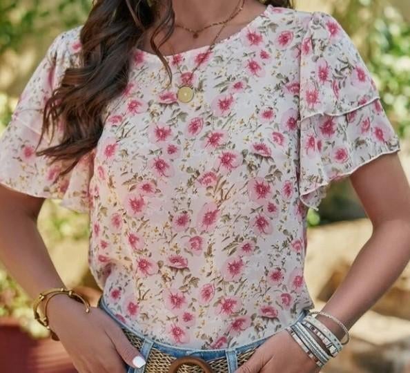 Bloemenprint blouse met ruches top, maat L, Wit, Maat 42/44 (L), Ophalen of Verzenden, Korte mouw